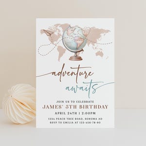 Adventure awaits fifth birthday party invitation printable, world travel globe birthday invite, world map birthday party invitation - C690