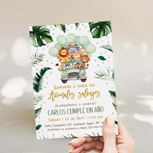 Jungle animals birthday party invite editable in spanish, niño cumpleaños invitacion card en español, birthday party invitacion espanol-C306