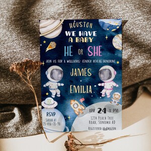 Houston we have a baby shower invitation printable, he or she twins baby shower invite card decor, solar system baby shower invite  - C253
