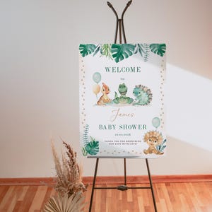 Dino with balloons baby shower welcome sign printable, green dinosaur baby shower welcome sign, dino boy baby shower welcome poster - C494