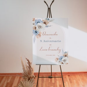 Cartel bienvenida aniversario para imprimir, bohemian birthday welcome sign in spanish, editable birthday sign, bienvenidos al aniversario