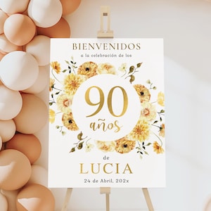 Bienvenidos birthday party welcome poster in spanish printable, floral spanish birthday adult welcome sign, yellow gold welcome sign - C512