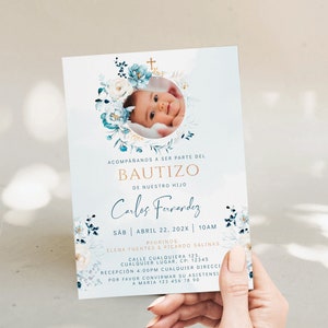 Spanish baptism invitation, invitacion de bautizo, invitacion bautizo en espanol, invitación bautizo, blue christening invitation boy -C163