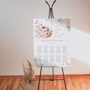 Floral girl baptism seating chart with photo printable, floral baptism seating chart, pink floral christening decorations girl - C178
