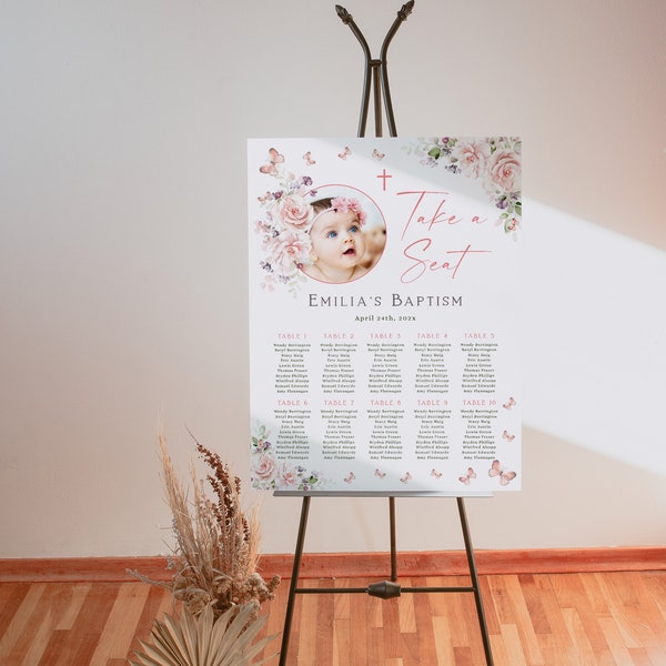 Floral girl baptism seating chart with photo printable, floral baptism seating chart, pink floral christening decorations girl - C178