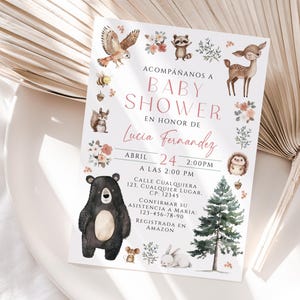 Invitación de baby shower del bosque, forest animals baby shower invite in spanish printable, woodland spanish baby shower invitation - C786
