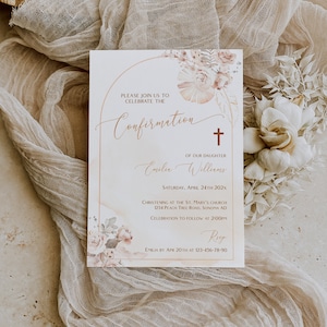 Boho arch confirmation baptism invitation card, christening invitation gender neutral, leaves confirmation baptism bohemian invite card-C018