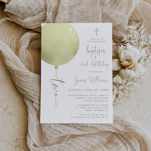 Balloon baptism & 2nd birthday invitation boy printable, olive green birthday and christening invite, boys green balloon Invite decor - C132