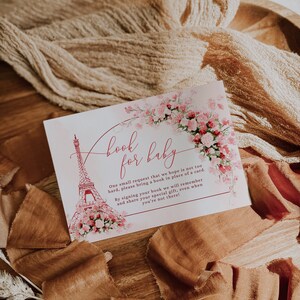 Pink flowers eiffel tower book for baby card printable, bohemian flowers baby shower book request card, paris theme books for baby card-C444