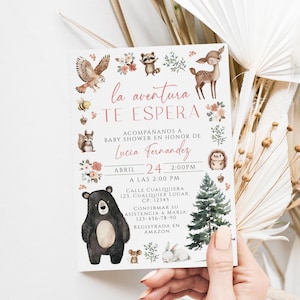 La aventura te espera invitación de baby shower, woodland spanish baby shower invite printable, animals baby shower invite in spanish - C786