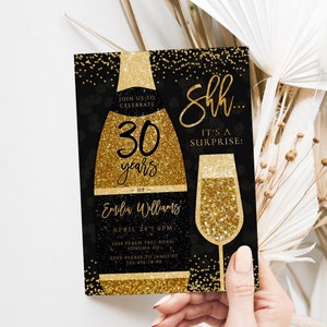 Surprise 30th birthday party her or him invitation template, shhh surprise party adult invite any age, champagne birthday invitation - C475