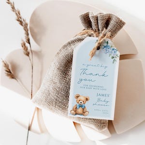 Blue bear baby shower favor gift tag printable, bohemian bear baby shower party favor tag, blue arch floral baby shower thank you tag - C505