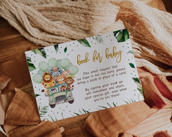 Safari baby shower book card printable and decor, jungle animal greenery baby shower book for baby, jungle theme book request card - C306