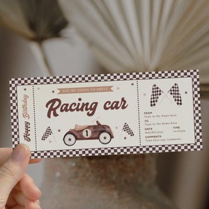 Brown racing car surprise driving experience gift ticket printable, retro race car happy birthday gift ticket, drive a race car gift ticket