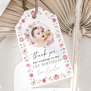Pink pumpkin 1st birthday party tag with photo template, pink fall first birthday thank you tag, girl pumpkin 1st birthday favor tag -C803-g