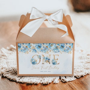 One floral blue birthday party gable box favor label printable, gold cross birthday party favor box, flowers first birthday Gift Box - C335