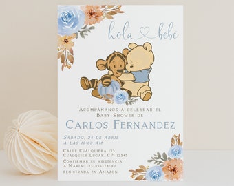 Hola bebe shower invitation en español, vintage pooh baby shower spanish invitation editable, boy pooh pumpkin baby shower invite - C577-b