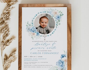 Flores azules niño bautizo & primer añito invitation con foto in spanish, editable blue floral baptism 1st birthday invitation spanish -C529