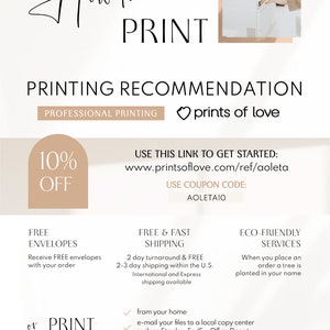 May include: A pink and white graphic with the text "How to PRINT" in black. The graphic also includes the text "PRINTING RECOMMENDATION", "PROFESSIONAL PRINTING", "prints of love", "10% OFF", "USE THIS LINK TO GET STARTED: www.printsoflove.com/ref/aoleta", "USE COUPON CODE: AOLETAIO", "FREE ENVELOPES", "Receive FREE envelopes with your order", "or PRINT", "FREE & FAST SHIPPING", "2 day turnaround & FREE 2-3 day shipping within the U.S. International and Express shipping available", "from your home", "e-mail your files to a local copy center such as Staples, FedEx, Office Depot", "e-mail your files to a lab such as Walgreens & Costco", "ECO-FRIENDLY SERVICES", "When you place an order a tree is planted in your name", "AOLETA.COM", "E AOLETA.ETSY.COM".