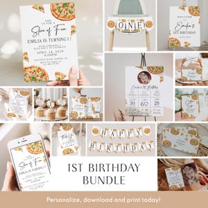 Complete modern pizza birthday party bundle printable, pizza slices first birthday invitation kit, girl pizza party 1st birthday set - C681
