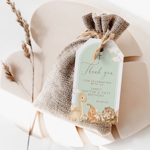 Boho dino baptism 1st birthday thank you tag template, greenery arch beige dinosaurs baptism first birthday favor gift tags decoration -C349