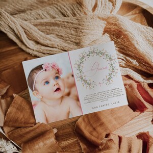 Tarjeta de agradecimiento niño niña en espanol, editable gender neutral wreath with flowers and photo baptism thank you card decor -  C519