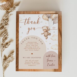 Thank you note card girl boy baby shower printable, bohemian beige balloon thank you card decor, bear balloons neutral thank you card - C442