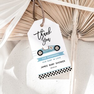 Boy sports car gift tag, race car baby shower thank you tag template, racing party favor tags, blue car baby shower thank you gift tag -C274
