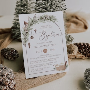 Bohemian arch gender neutral baptism invitation, greenery Christmas holiday baptism invite, modern religious invitation card printable -C304
