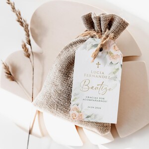 Floral pastel spanish baptism thank you tag printable, modern floral bautizo favor gift tags, elegant bautizo gracias tags en español - C438