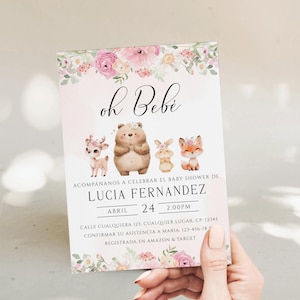 Oh bebé spanish baby shower invite printable, floral woodland spanish baby shower invite, animales del bosque baby shower invitación - C770