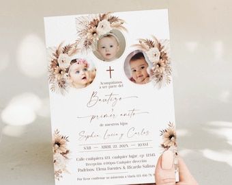 Invitaciones de bautizo y primer añito de la foto, invitacion bautizo en espanol editable, triplets baptism 1st birthday invite photo - C164