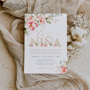 Es niña baby shower invitation card editable en español, it&#39;s a girl spanish baby shower invitation, floral spanish decor invitation - C460