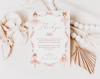 Elegant floral baby shower thank you card template, ballerina baby shower thank you card, tutu cute dancer baby shower thank you card - C509
