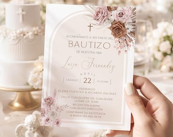 Invitaciones de bautizo, invitacion bautizo en espanol printable, bohemian baptism invitation in spanish - C26