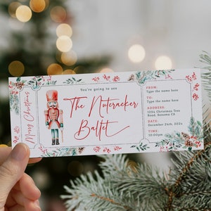 Christmas nutcracker ballet surprise gift ticket template, winter holiday ballet editable event tickets, christmas ballet ticket gift