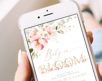 Editable baby in bloom baby shower electronic invitation, boho spring floral text message invite, blush floral baby shower evite girl - C460