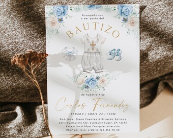 Ropa flores blancas y azules invitación bautizo en español template, boho floral modern religious invite spanish, nino invite bautizo - C527