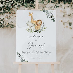 Safari animals baptism and 1st birthday welcome sign printable, first birthday christening welcome sign, safari birthday baptism poster -C38