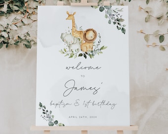 Safari animals baptism and 1st birthday welcome sign printable, first birthday christening welcome sign, safari birthday baptism poster -C38