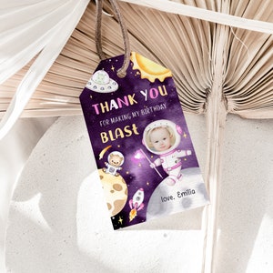 Astronaut moon birthday party decorations, printable outer space favor tags, girl galaxy thank you card label, birthday favors tag - C254