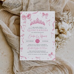 Coquette quinceañera invitation printable, watercolor pink ribbons mis quince invitation, bows pink princess sweet 16 birthday invite - Q715