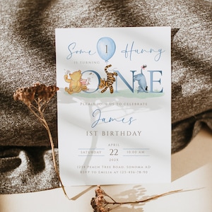 Some hunny is turning ONE invitation printable, classic winnie the pooh birthday invitation, blue boy balloons 1st birthday invite - C536-b