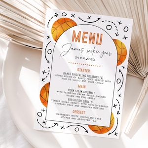 Birthday party basketball menu card printable, basketball 1st birthday party menu, orange sports ball 1st birthday party menu card - C647