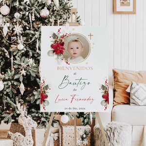 Winter red floral boho baptism welcome sign editable in spanish, bienvenidos al bautizo welcome poster con foto en español decoration - C308