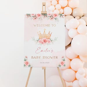 Pink floral princess baby shower sign printable, a little princess baby shower welcome sign, gold crown baby shower welcome poster - C483