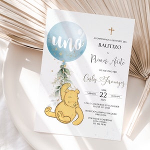 Winnie pooh invitacion bautizo uno en espanol, bautizo y primer añito, printable baptism first birthday invitation spanish -C19wb