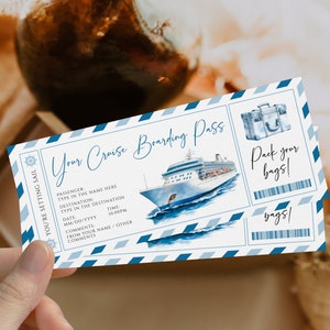 Personalise ship boarding pass, fake boat ticket, boat trip gift voucher, travel by ship gift voucher, boat trip coupon template blue decor
