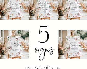 A little lady is on her way sign bundle printable, red ladybug baby shower poster, girl love bug baby shower sign set - C773