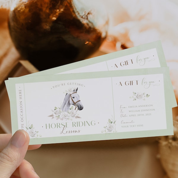 Horse riding lessons birthday gift voucher, birthday gift experience, horseback riding certificate, pastel birthday gift ticket